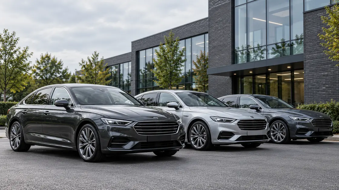 Illustrative row of executive cars outside modern business premises.