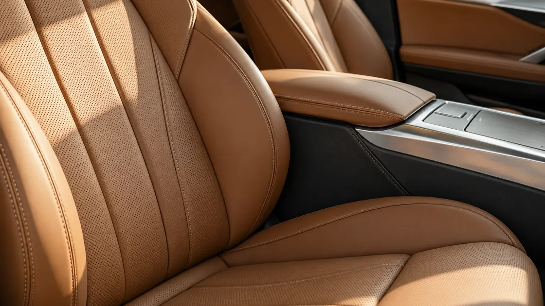 Illustrative detail of tan leather upholstery and brushed metal in a luxury car interior.
