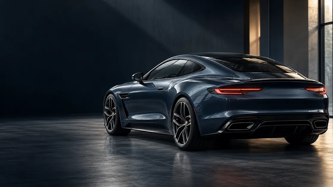Illustrative graphite blue grand touring car with soft reflections across the paintwork.